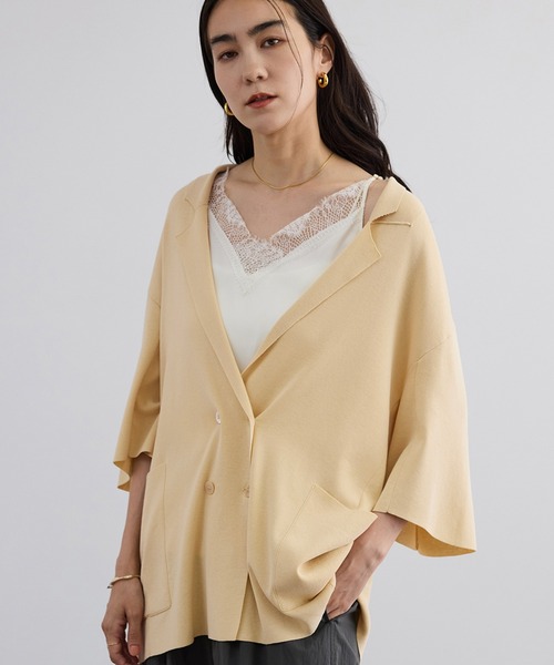 SALON adam et rope'(サロン アダム エ ロペ)の「クールニットハーフスリーブジャケット(テーラードジャケット・レディース・ブラック/キナリ・FREE)」の1枚目の写真