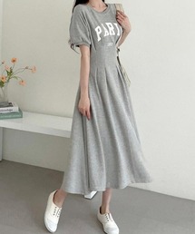 丸首 プリント ウエストタック パフスリーブワンピース
