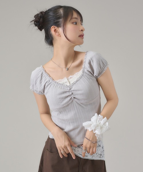 apres jour mignon（アプレジュールミニョン）の「レースギャザートップス（Tシャツ/カットソー・レディース・グリーン/グレー/ブラウン系その他/ネイビー/ピンク・フリー/LARGE）」の10枚目の写真