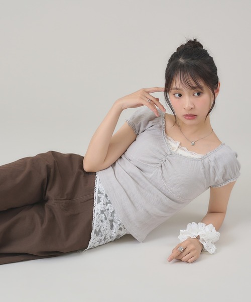 apres jour mignon（アプレジュールミニョン）の「レースギャザートップス（Tシャツ/カットソー・レディース・グリーン/グレー/ブラウン系その他/ネイビー/ピンク・フリー/LARGE）」の13枚目の写真