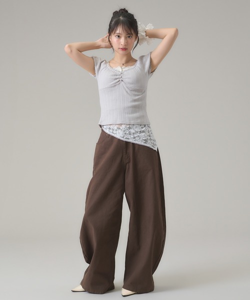 apres jour mignon（アプレジュールミニョン）の「レースギャザートップス（Tシャツ/カットソー・レディース・グリーン/グレー/ブラウン系その他/ネイビー/ピンク・フリー/LARGE）」の12枚目の写真
