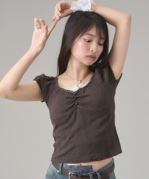 apres jour mignon（アプレジュールミニョン）の「レースギャザートップス（Tシャツ/カットソー・レディース・グリーン/グレー/ブラウン系その他/ネイビー/ピンク・フリー/LARGE）」の14枚目の写真