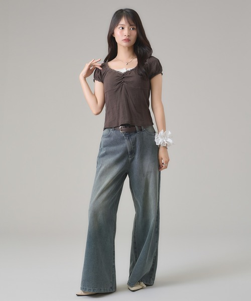 apres jour mignon（アプレジュールミニョン）の「レースギャザートップス（Tシャツ/カットソー・レディース・グリーン/グレー/ブラウン系その他/ネイビー/ピンク・フリー/LARGE）」の16枚目の写真