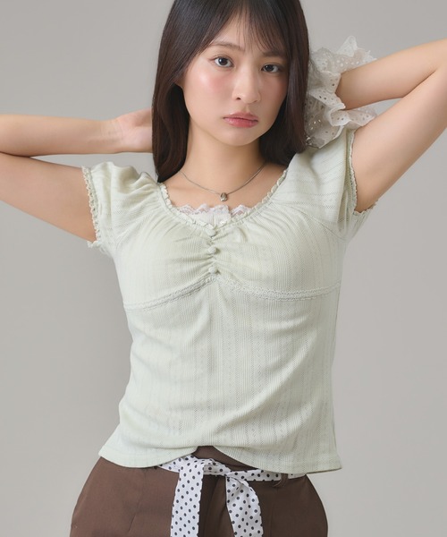 apres jour mignon（アプレジュールミニョン）の「レースギャザートップス（Tシャツ/カットソー・レディース・グリーン/グレー/ブラウン系その他/ネイビー/ピンク・フリー/LARGE）」の18枚目の写真