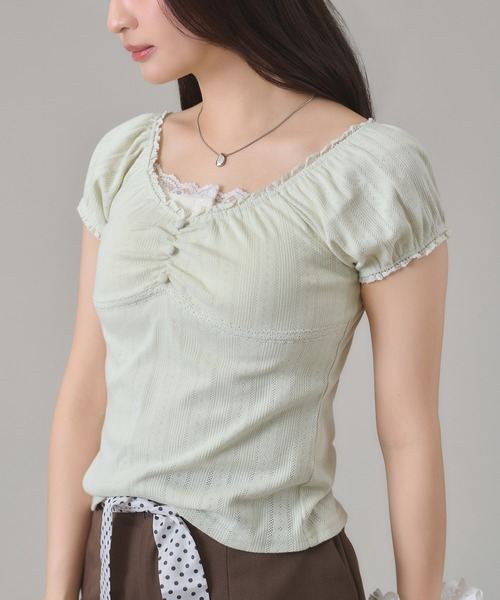 apres jour mignon（アプレジュールミニョン）の「レースギャザートップス（Tシャツ/カットソー・レディース・グリーン/グレー/ブラウン系その他/ネイビー/ピンク・フリー/LARGE）」の19枚目の写真
