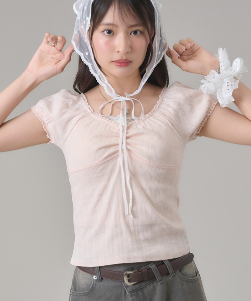 apres jour mignon（アプレジュールミニョン）の「レースギャザートップス（Tシャツ/カットソー・レディース・グリーン/グレー/ブラウン系その他/ネイビー/ピンク・フリー/LARGE）」の21枚目の写真