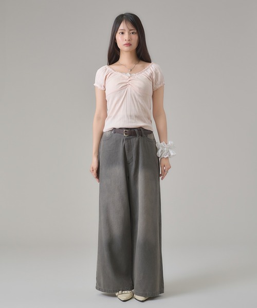 apres jour mignon（アプレジュールミニョン）の「レースギャザートップス（Tシャツ/カットソー・レディース・グリーン/グレー/ブラウン系その他/ネイビー/ピンク・フリー/LARGE）」の9枚目の写真