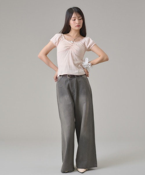 apres jour mignon（アプレジュールミニョン）の「レースギャザートップス（Tシャツ/カットソー・レディース・グリーン/グレー/ブラウン系その他/ネイビー/ピンク・フリー/LARGE）」の8枚目の写真