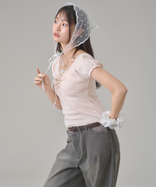 apres jour mignon（アプレジュールミニョン）の「レースギャザートップス（Tシャツ/カットソー・レディース・グリーン/グレー/ブラウン系その他/ネイビー/ピンク・フリー/LARGE）」の7枚目の写真