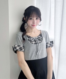 チェックレイヤード風リブトップス