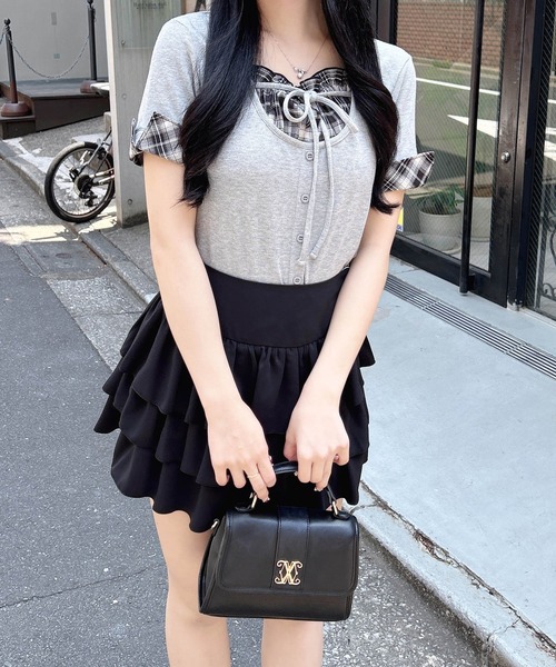 INGNI(イング)の「チェックレイヤード風リブトップス(Tシャツ/カットソー・レディース・ブラック/グレー/オフホワイト・M)」の3枚目の写真