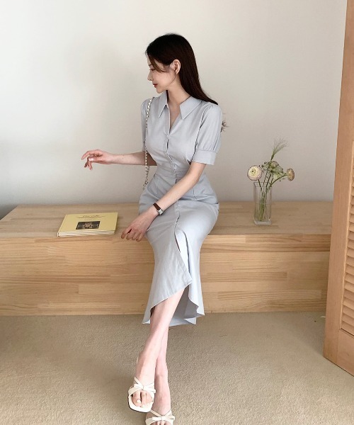 Aelina（エリナ）の「シングルブレストウエスト絞りシャツワンピース（シャツワンピース・レディース・ブルーグレー/ネイビー・FREE）」の3枚目の写真