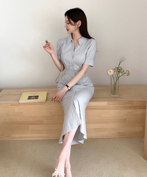 Aelina（エリナ）の「シングルブレストウエスト絞りシャツワンピース（シャツワンピース・レディース・ブルーグレー/ネイビー・FREE）」の4枚目の写真