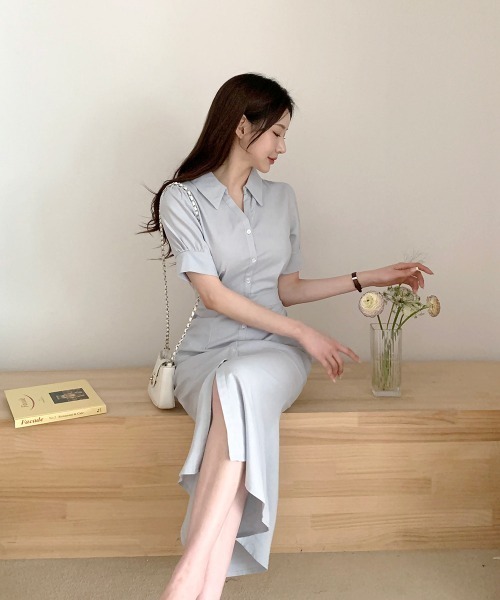 Aelina（エリナ）の「シングルブレストウエスト絞りシャツワンピース（シャツワンピース・レディース・ブルーグレー/ネイビー・FREE）」の5枚目の写真