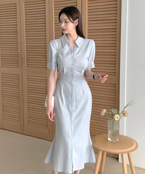Aelina（エリナ）の「シングルブレストウエスト絞りシャツワンピース（シャツワンピース・レディース・ブルーグレー/ネイビー・FREE）」の13枚目の写真