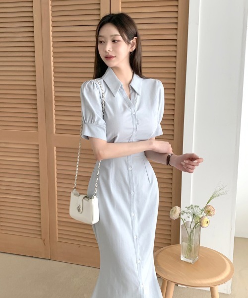 Aelina（エリナ）の「シングルブレストウエスト絞りシャツワンピース（シャツワンピース・レディース・ブルーグレー/ネイビー・FREE）」の14枚目の写真
