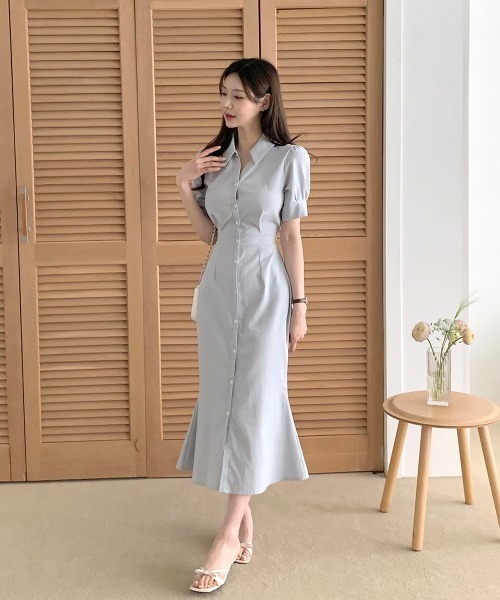 Aelina（エリナ）の「シングルブレストウエスト絞りシャツワンピース（シャツワンピース・レディース・ブルーグレー/ネイビー・FREE）」の17枚目の写真