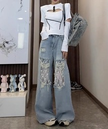 レースダメージワイドデニムパンツ
