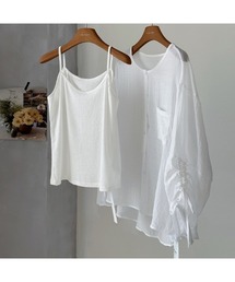 キャミプレゼント袖シャーリングシアー素材シャツブラウス