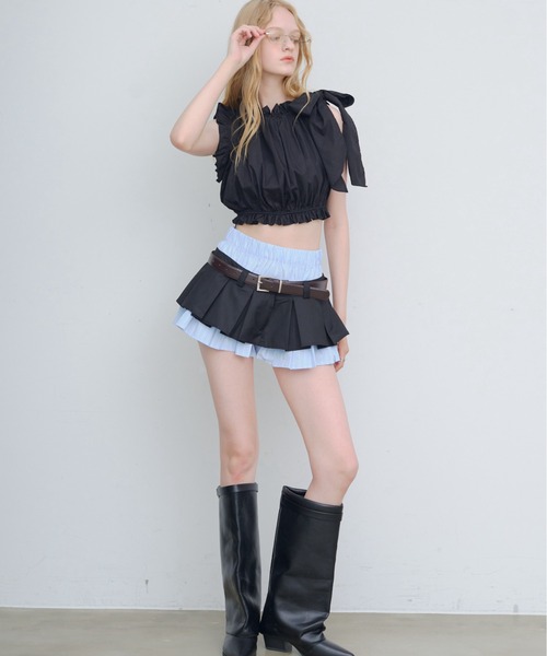 HEIREN（ヘイレーン）の「クロップドリボンショルダーブラウス（シャツ/ブラウス・レディース・ホワイト/ブラック・FREE）」の15枚目の写真