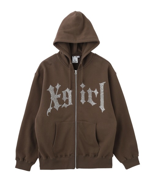 X-girl(エックスガール)の「RHINESTONE BLACKLETTER LOGO ZIP UP SWEAT HOODIE(パーカー・レディース・アッシュ/ブラウン/ブラック・M/S)」の3枚目の写真