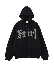 RHINESTONE BLACKLETTER LOGO ZIP UP SWEAT HOODIE