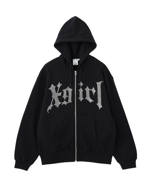 X-girl(エックスガール)の「RHINESTONE BLACKLETTER LOGO ZIP UP SWEAT HOODIE(パーカー・レディース・アッシュ/ブラウン/ブラック・M/S)」の2枚目の写真