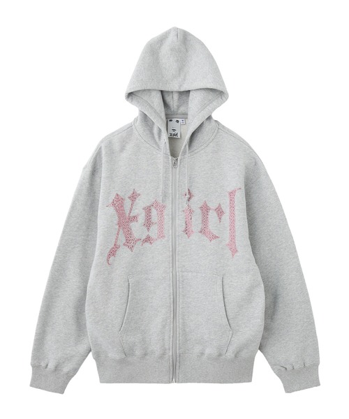 X-girl(エックスガール)の「RHINESTONE BLACKLETTER LOGO ZIP UP SWEAT HOODIE(パーカー・レディース・アッシュ/ブラウン/ブラック・M/S)」の7枚目の写真