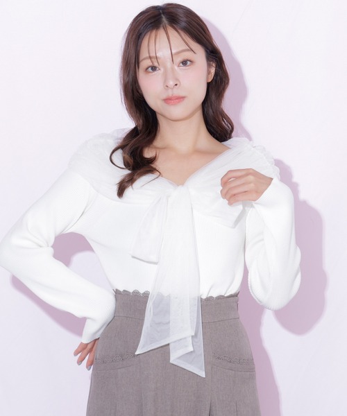 JILL by JILL STUART(ジルバイジルスチュアート)の「チュールリボンニット(ニット/セーター・レディース・ブラウン/ブルー/ホワイト・FREE)」の4枚目の写真