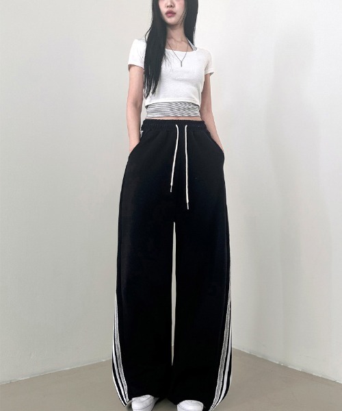 FREE STYLISTS(フリー スタイリスト)の「サイドライン 体型選ばない ドローストリング スウェットパンツ(スウェットパンツ・レディース・ブラック/ホワイト・M)」の7枚目の写真
