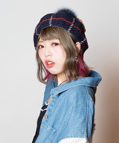 ca4la 黒ファー ベレー帽 ファーのポンポン付き メーテル帽 ca4la 黒