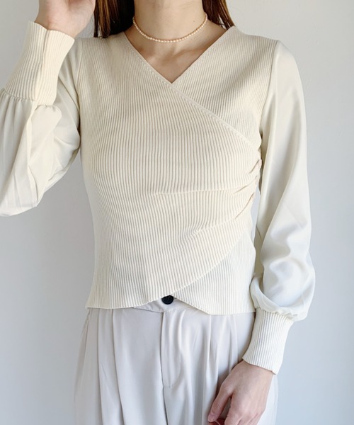 CLEA（クレア）の「袖シフォンカシュクールリブニット（ニット/セーター・レディース・ブラック/アイボリー・FREE）」の9枚目の写真