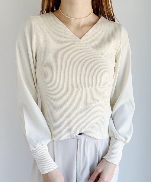 CLEA（クレア）の「袖シフォンカシュクールリブニット（ニット/セーター・レディース・ブラック/アイボリー・FREE）」の11枚目の写真