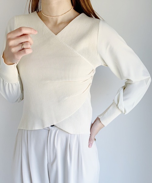 CLEA（クレア）の「袖シフォンカシュクールリブニット（ニット/セーター・レディース・ブラック/アイボリー・FREE）」の8枚目の写真