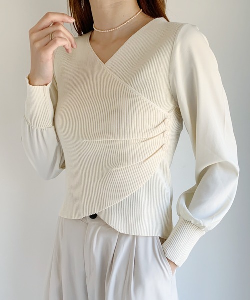 CLEA（クレア）の「袖シフォンカシュクールリブニット（ニット/セーター・レディース・ブラック/アイボリー・FREE）」の5枚目の写真