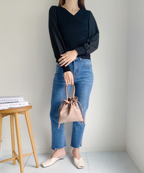 CLEA（クレア）の「袖シフォンカシュクールリブニット（ニット/セーター・レディース・ブラック/アイボリー・FREE）」の12枚目の写真