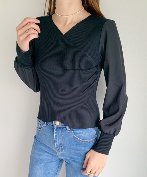 CLEA（クレア）の「袖シフォンカシュクールリブニット（ニット/セーター・レディース・ブラック/アイボリー・FREE）」の3枚目の写真