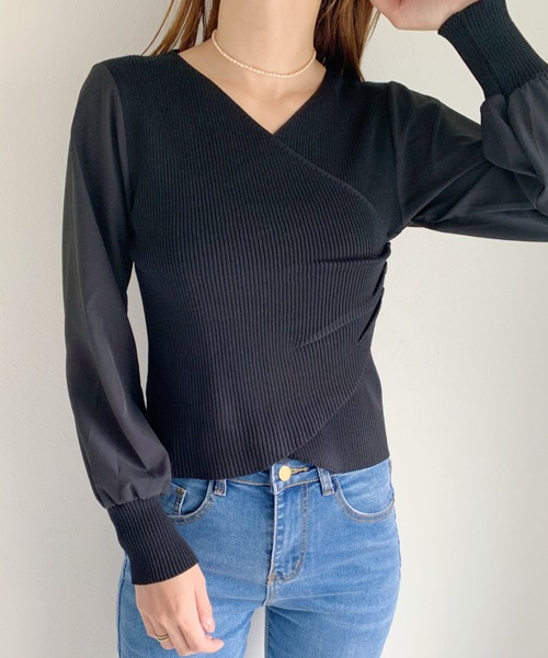 CLEA（クレア）の「袖シフォンカシュクールリブニット（ニット/セーター・レディース・ブラック/アイボリー・FREE）」の7枚目の写真