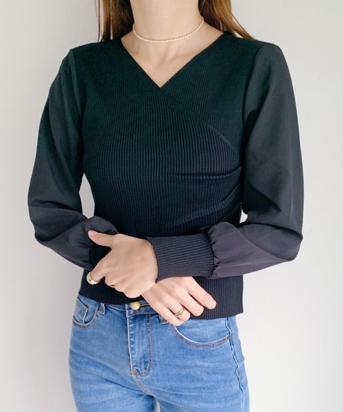 CLEA（クレア）の「袖シフォンカシュクールリブニット（ニット/セーター・レディース・ブラック/アイボリー・FREE）」の13枚目の写真