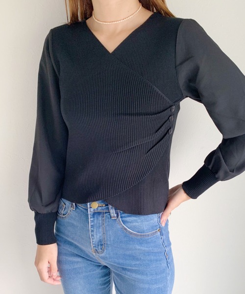 CLEA（クレア）の「袖シフォンカシュクールリブニット（ニット/セーター・レディース・ブラック/アイボリー・FREE）」の6枚目の写真