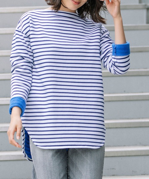 Munich(ミューニック)の「マリンフリースボーダー ボートネックプルオーバー(Tシャツ/カットソー・レディース・ブラウン/ホワイト×ブルー/ブラック×ホワイト・FREE)」の2枚目の写真