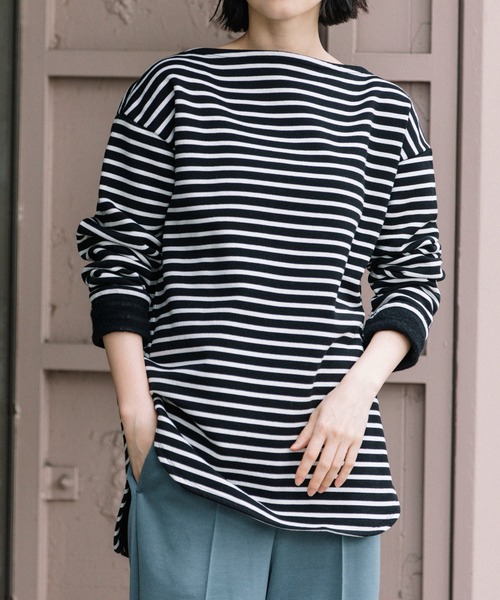 Munich(ミューニック)の「マリンフリースボーダー ボートネックプルオーバー(Tシャツ/カットソー・レディース・ブラウン/ホワイト×ブルー/ブラック×ホワイト・FREE)」の4枚目の写真