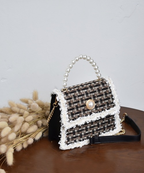 ems excite（エムズエキサイト）の「パールハンドルツイードBAG（ハンドバッグ・レディース・オフホワイト/ブラック/ライトグレー・FREE）」の2枚目の写真
