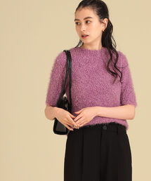 Ray BEAMS | Ray BEAMS / フェザー ラメ ハーフスリーブ クルーネック ニット(ニット/セーター)