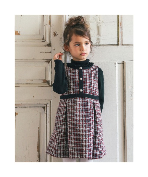 BeBe(ベベ)の「BeBe/【お揃い】ツイードチェックパールボタンジャンパースカート(100~150cm)(ワンピース・キッズ・レッド系その他/ブラック系その他・100/140/130/120/110/150)」の6枚目の写真