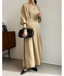 [PREMIUM DRESS COLLECTION][低身長サイズ有]Vネックウエスト切り替えタックフレアワンピース