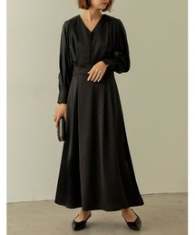 [PREMIUM DRESS COLLECTION][低身長サイズ有]Vネックウエスト切り替えタックフレアワンピース