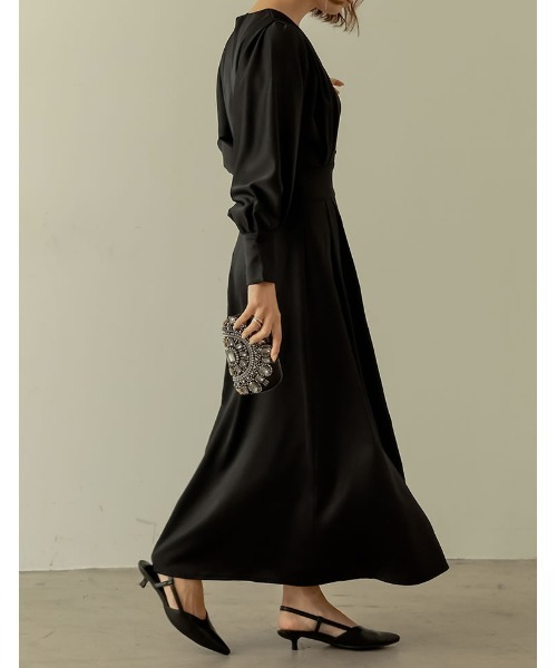 Re:EDIT（リエディ）の「[PREMIUM DRESS COLLECTION][低身長サイズ有]Vネックウエスト切り替えタックフレアワンピース（ワンピース・レディース・ブラック/ラベンダー/ベージュ・LARGE/SHORT/MEDIUM）」の8枚目の写真