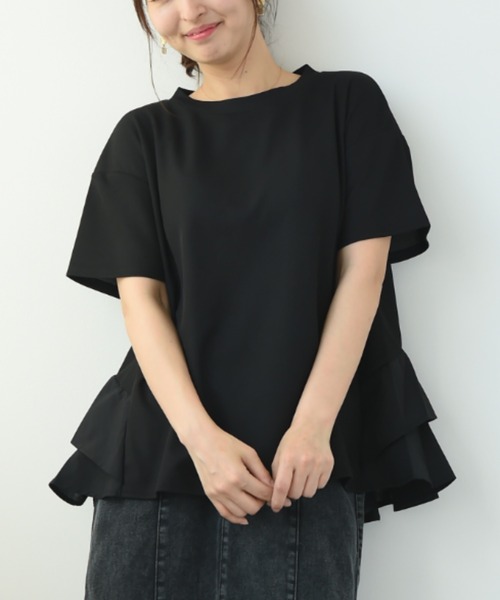 INTERPLANET（インタープラネット）の「ミラノリブＢＡＣＫフリル異素材プルオーバー（Tシャツ/カットソー・レディース・ブラック/オフホワイト/グレイッシュベージュ・FREE）」の5枚目の写真