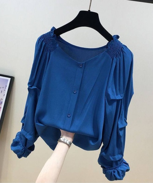 LOPASS(ロパス)の「かわいい長袖シフォンブラウス(シャツ/ブラウス・レディース・ホワイト/ブルー・L/M)」の2枚目の写真